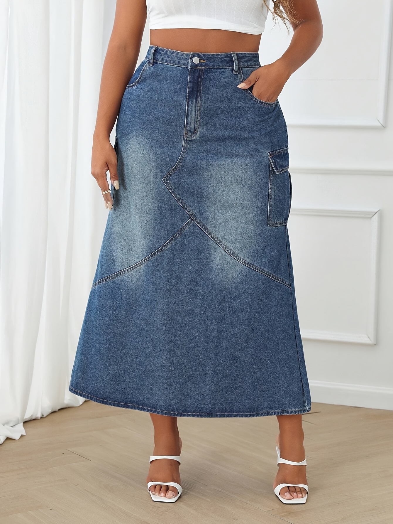 womens high waisted stretch denim skirt breathable elegant knee length with button details light blue washed   for spring summer fall casual to semi formal wear casual attire button detail skirt glossy texture