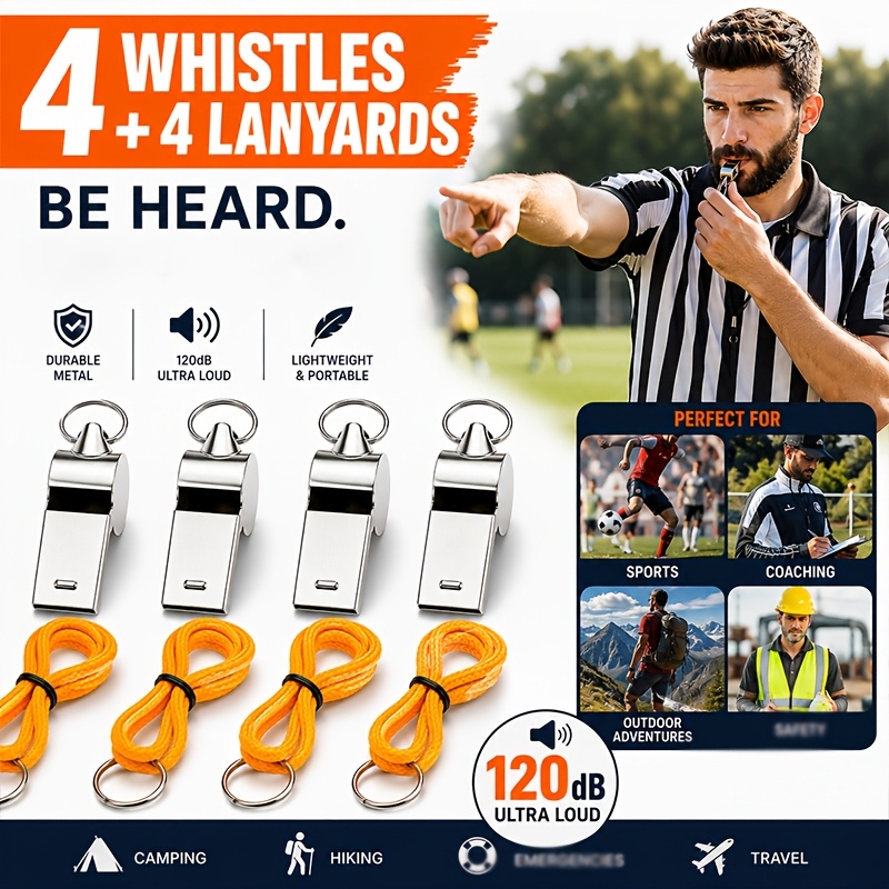 TEMU Juego de 4 silbatos deportivos de acero inoxidable + 4 cordones, silbatos ultrarruidosos para entrenadores y árbitros para eventos deportivos,