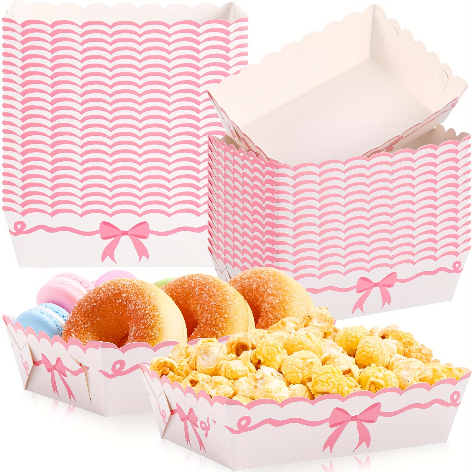 60pcs Pink Bow Paper Food Trays Coquette Birthday Decorations Kraft Food Boat Nacho Trays Bow Birthday Party Supplies For Valentines Wedding Party Decoration (Simple)