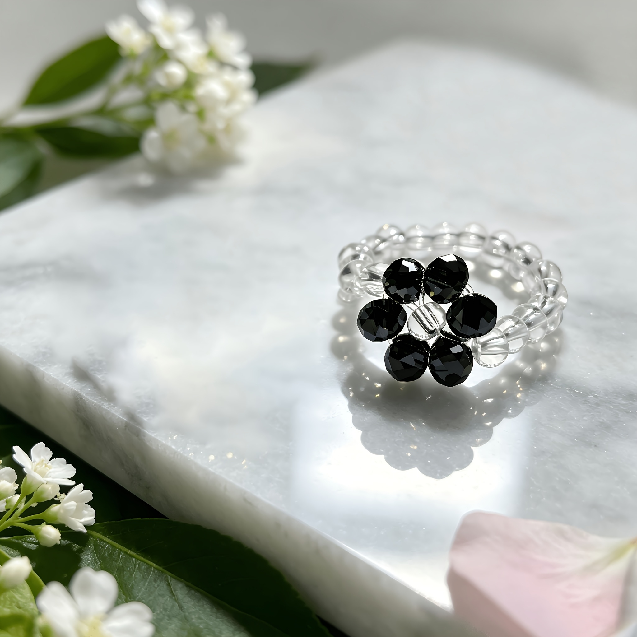 Women's Adjustable Elastic Cord Flower Shape Ring with Crystal