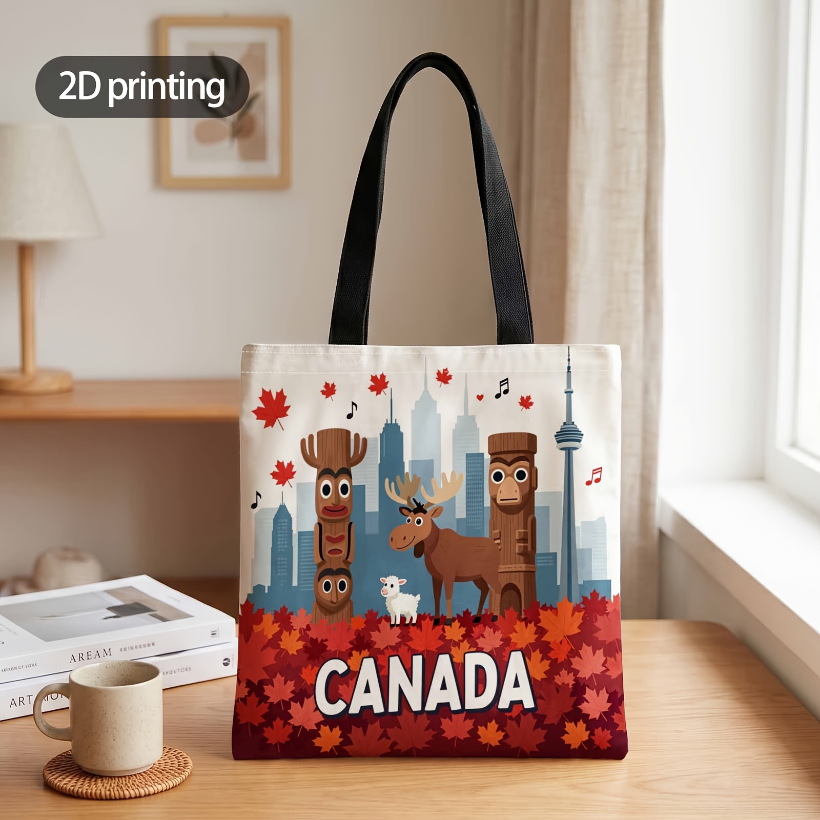 TEMU Sac à main imprimé 2D avec motif " d'automne au Canada", sac à bandoulière réutilisable et tendance, sac de shopping adapté pour le shopping, ,