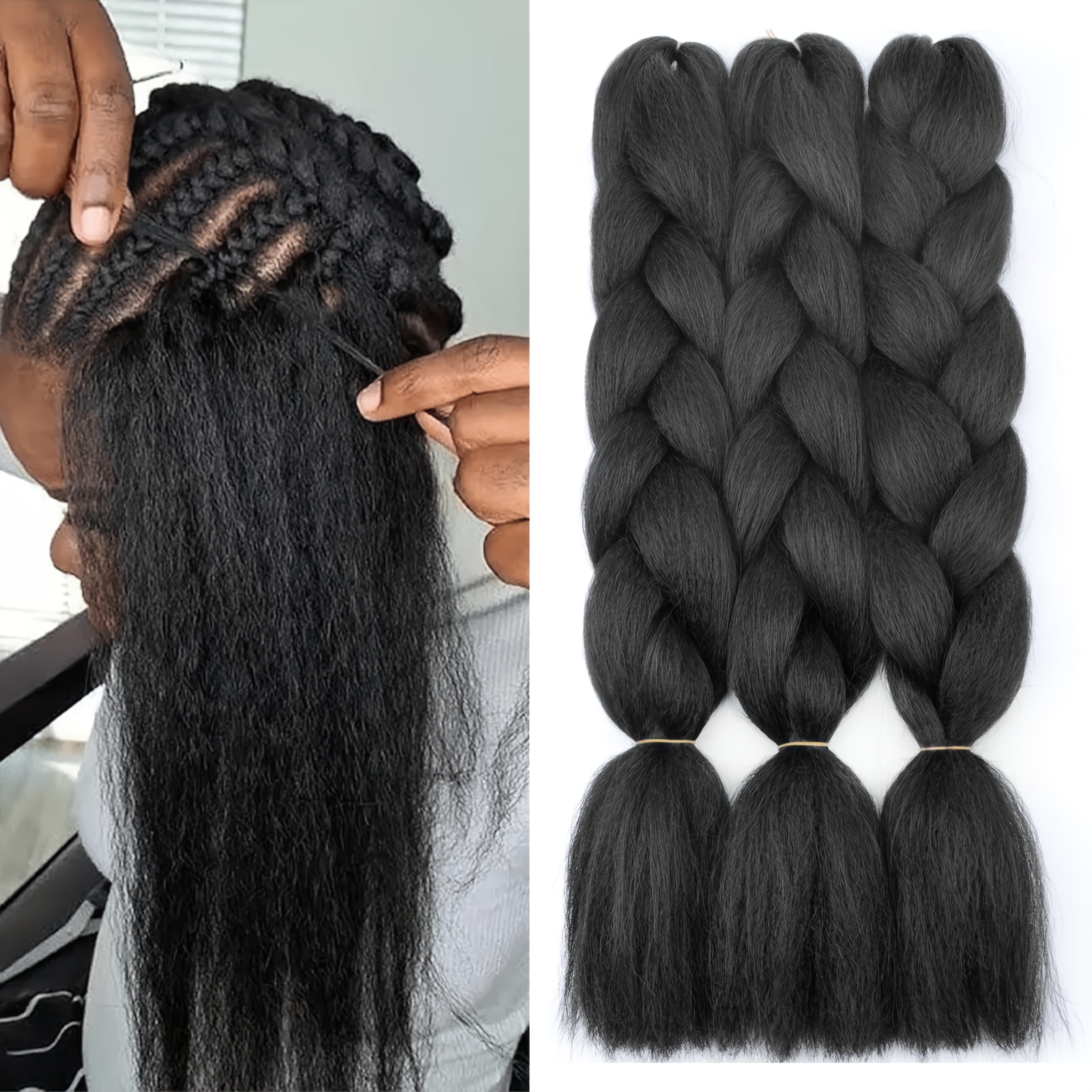 TEMU Extensions de cheveux tressés Jumbo noirs de 24 pouces, lot de 3, fibre synthétique Kanekalon haute température, torsadées au crochet avec