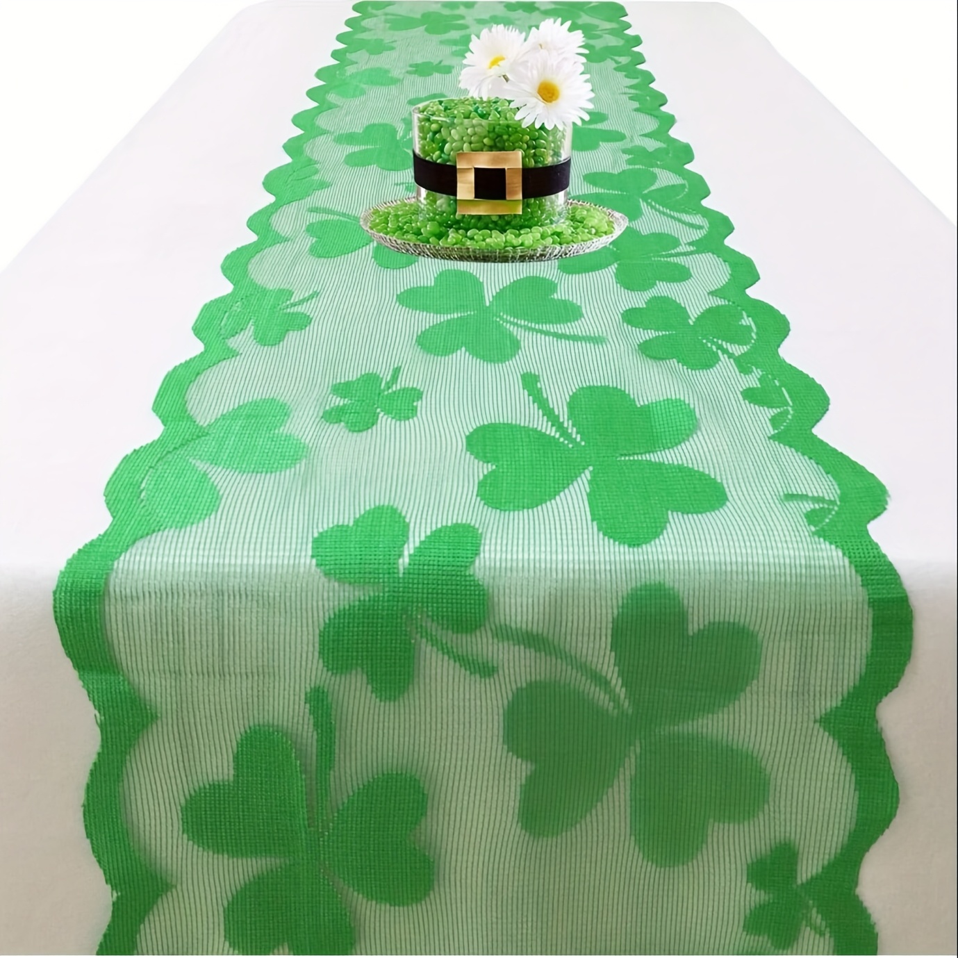 

's Day Lace Table Runner - Polyester, Knitted With Scalloped , Holiday Dining Decor, 's Day Decoration|clover Pattern Runner|polyester Table Runner