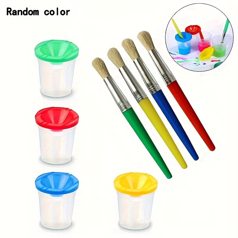 TEMU Ensemble d'outils de peinture 2/4/8 pièces, comprenant des pinceaux et des gobelets de peinture anti-éclaboussures à couvercle coloré - Gobelets