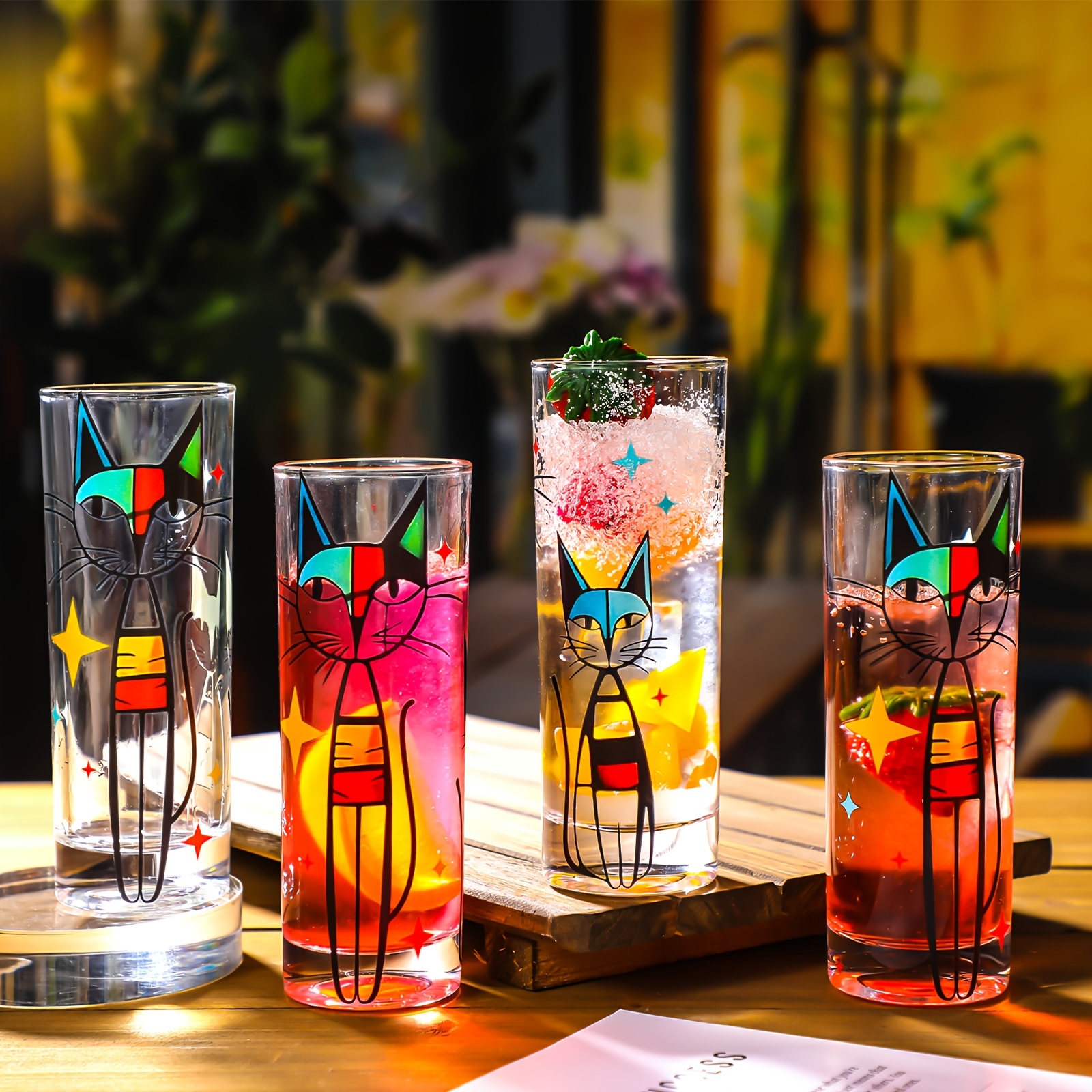 4pcs Retro Cat Glass Cups Cat Drinking Glasses For Iced Coffee Cocktail Juice Atomic Gifts Mid-century Modern Kitchen Decor