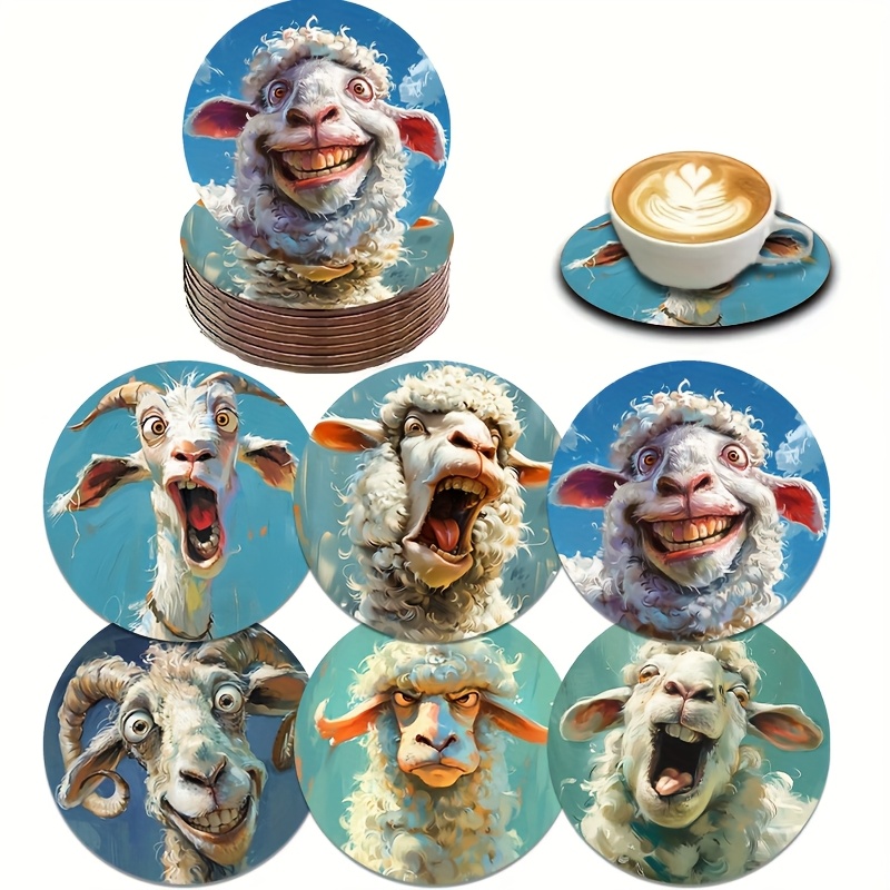 TEMU 6pcs Fun Sheep Print Wooden Coaster Set, Car Cup Mat, Tea Coasters, Coffee And Drink Mug Mats, Home Decor And Housewarming Gifts For Parents Or