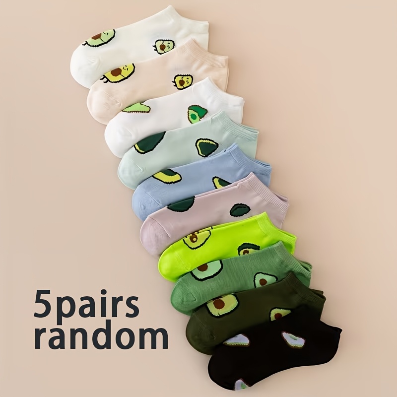 TEMU 5-pair Random Assortment Of Unisex Versatile Comfortable Summer Shallow-cut Avocado Cartoon Pattern Knitted Boat Socks For Daily Casual Wear,