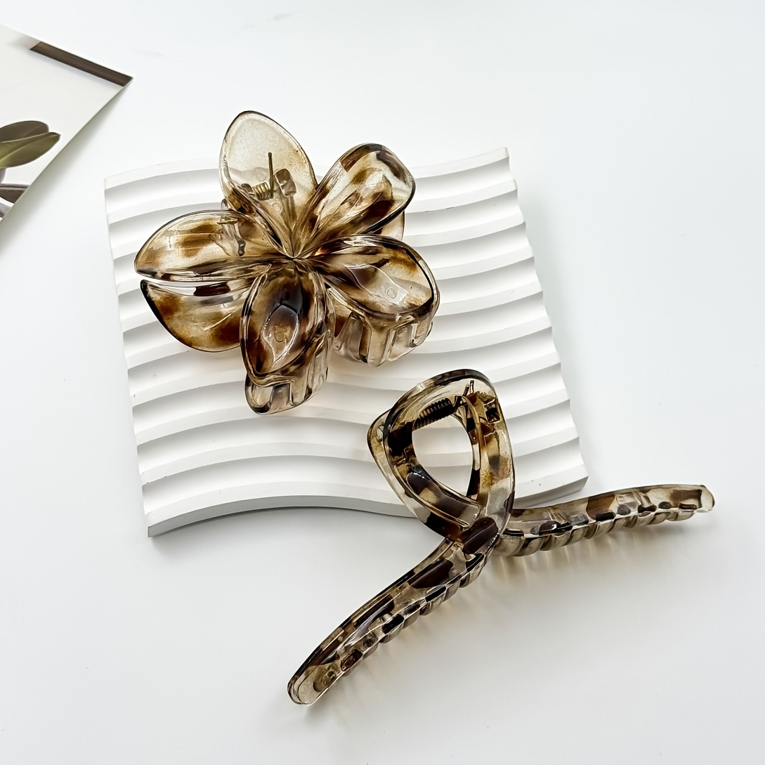 TEMU Lot de 2 pinces à cheveux fleur d'œuf à imprimé léopard , 8,5 cm , pince requin à l'arrière de , convient aux femmes, prise ferme abîmer les
