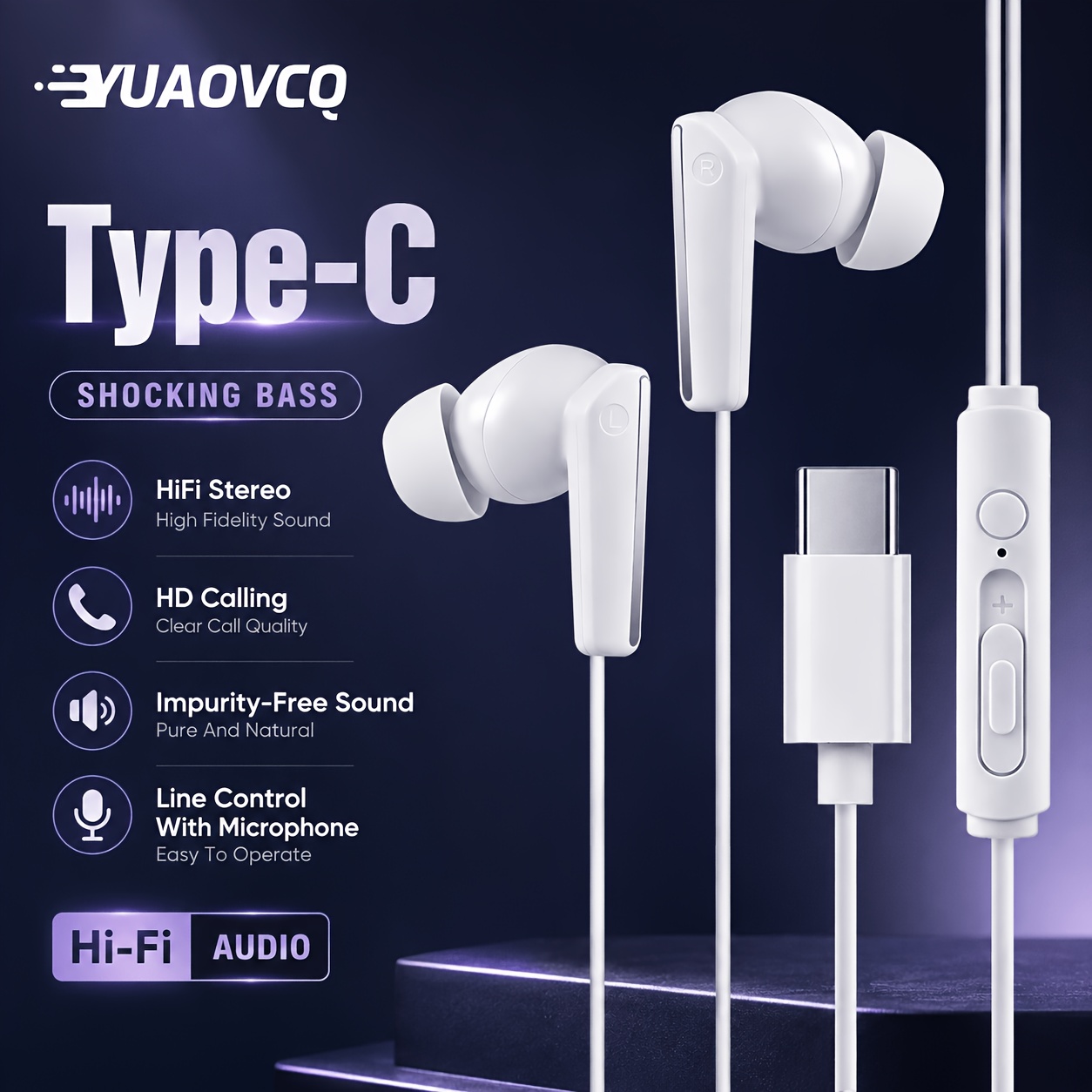 TEMU Casque -auriculaire filaire YUAOVCQ Type-C, DAC intégrée, écouteurs stéréo à basses pour musique et gaming, pour for Samsung Galaxy S24 S23 A54