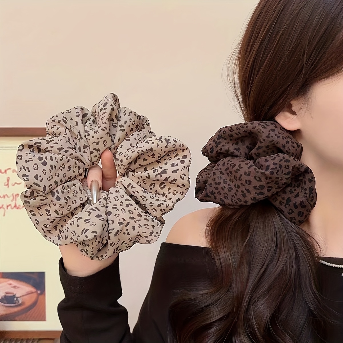 Image of 2 Extra Large Leopard Print Scrunchies -- Women's High-end Chic Fashionable Hair Ties Ponytail Hair Rings Autumn/winter Hair Additions