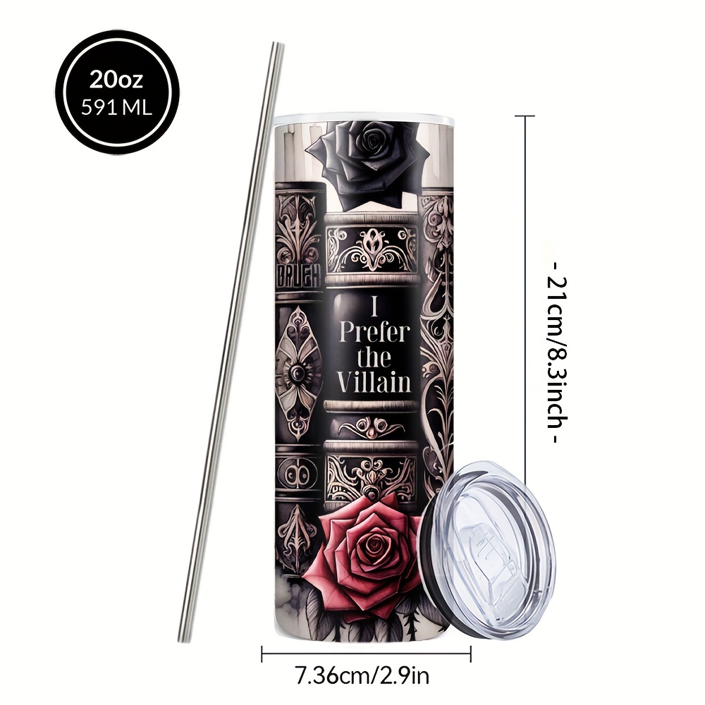 TEMU 20oz Stainless Steel Insulated Tumbler Featuring A Gothic Book Design, Complete With A Lid And Straw. Perfect For Beverages And Kitchen Storage, This Travel Mug Is Great For Spring , Camping