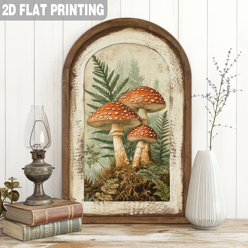 TEMU 2d Flat, 1pc, Vintage Mushroom Art Ferns On Rustic Arch Wooden Sign, Wall Decor For , Garden Decor, Woodland Theme, Autumn Inspiration, Stylish