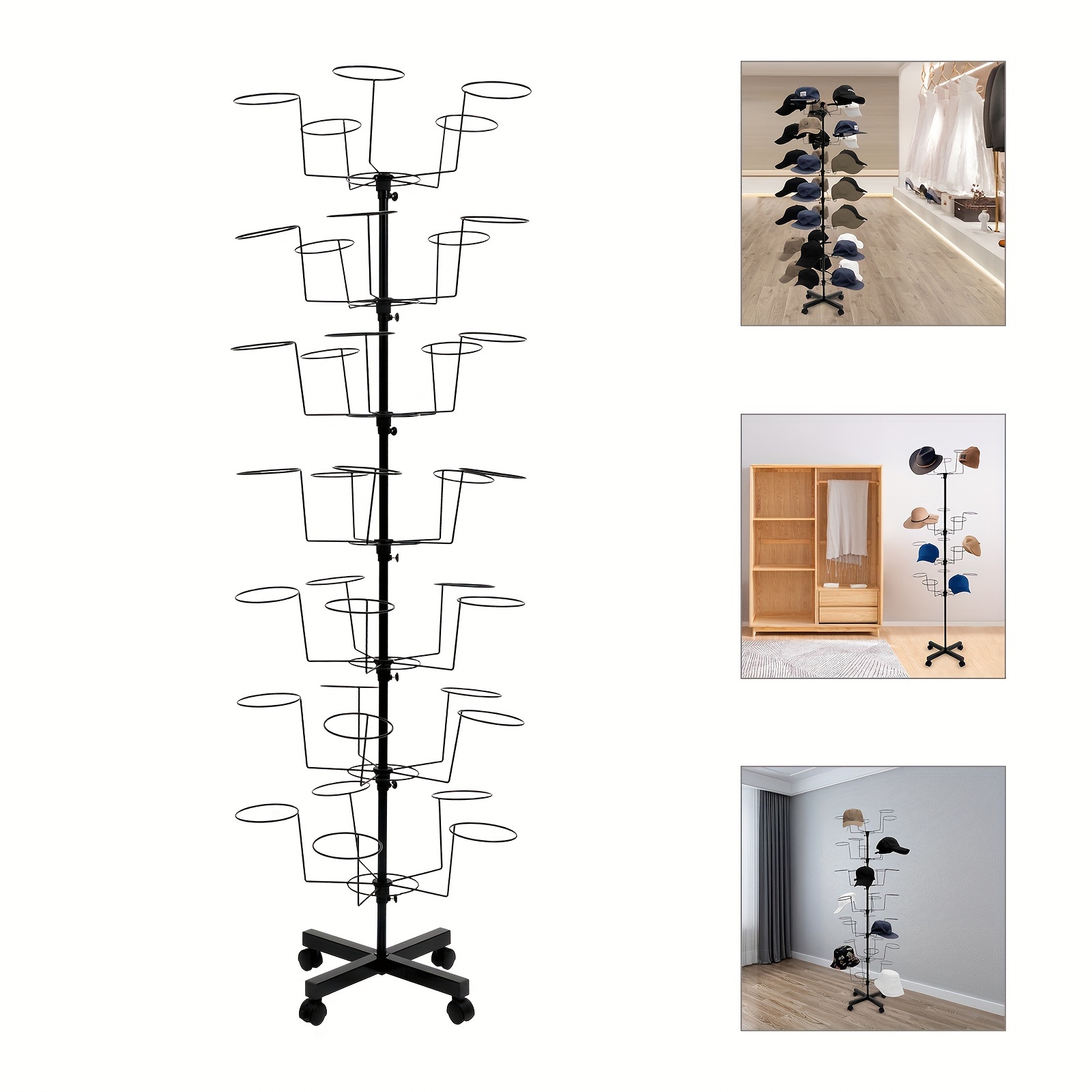 

7 Layer Hat Rack 360° Rotating Baseball Hat Rack Cap Storage Shelf Hat Display Rack Floor Standing Iron Material With 4 Wheel