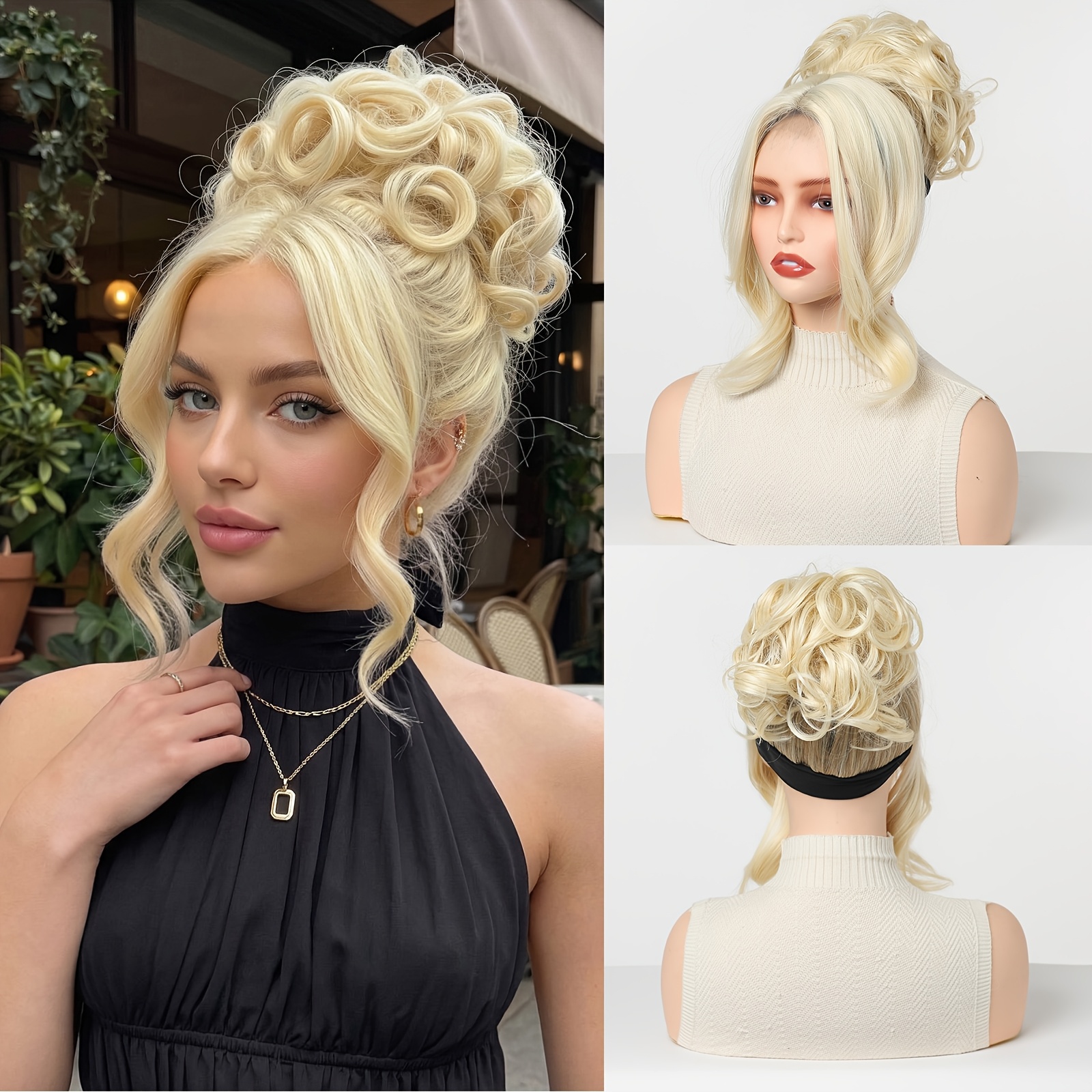 TEMU 2-in-1 Hair Topper Wig With Ponytail & Messy Bun Piece Suitable For Women - Curly Bangs Hairpiece With Natural-looking Volume Boosters, European