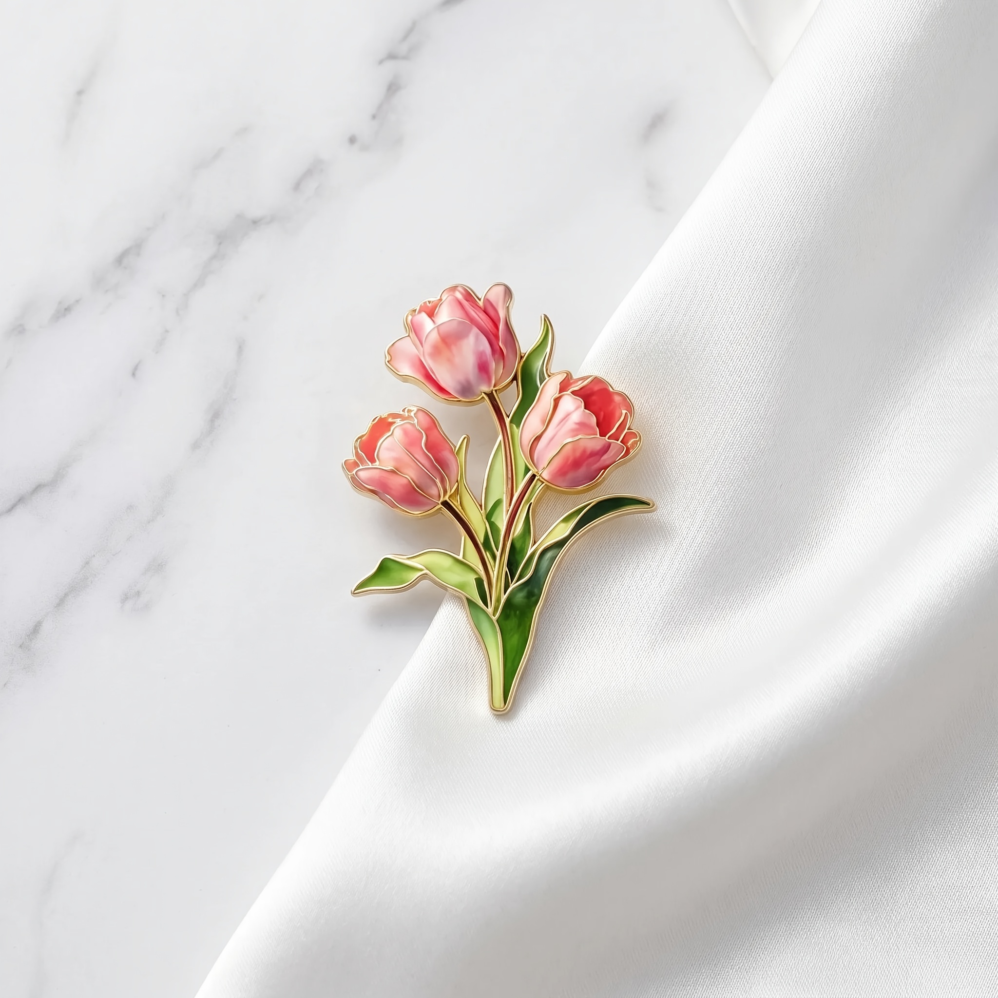 TEMU Gradient 3 Tulips Branch Leaf Enamel Brooch Long- Preservation Whole Branch Flower Stem Pin Women's Spring Summer Shirt Floral Dress Straw Hat