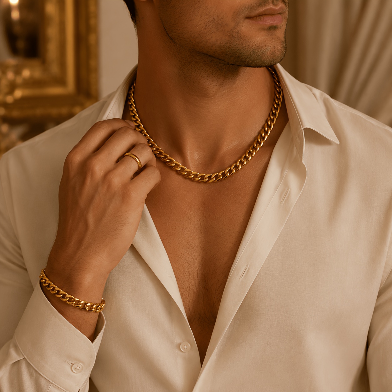 TEMU 3pcs Golden Cuban Link Chain Set With Golden Plain Hoop Ring, A Trendy New Arrival. Suitable For Daily Wear And As A Gift