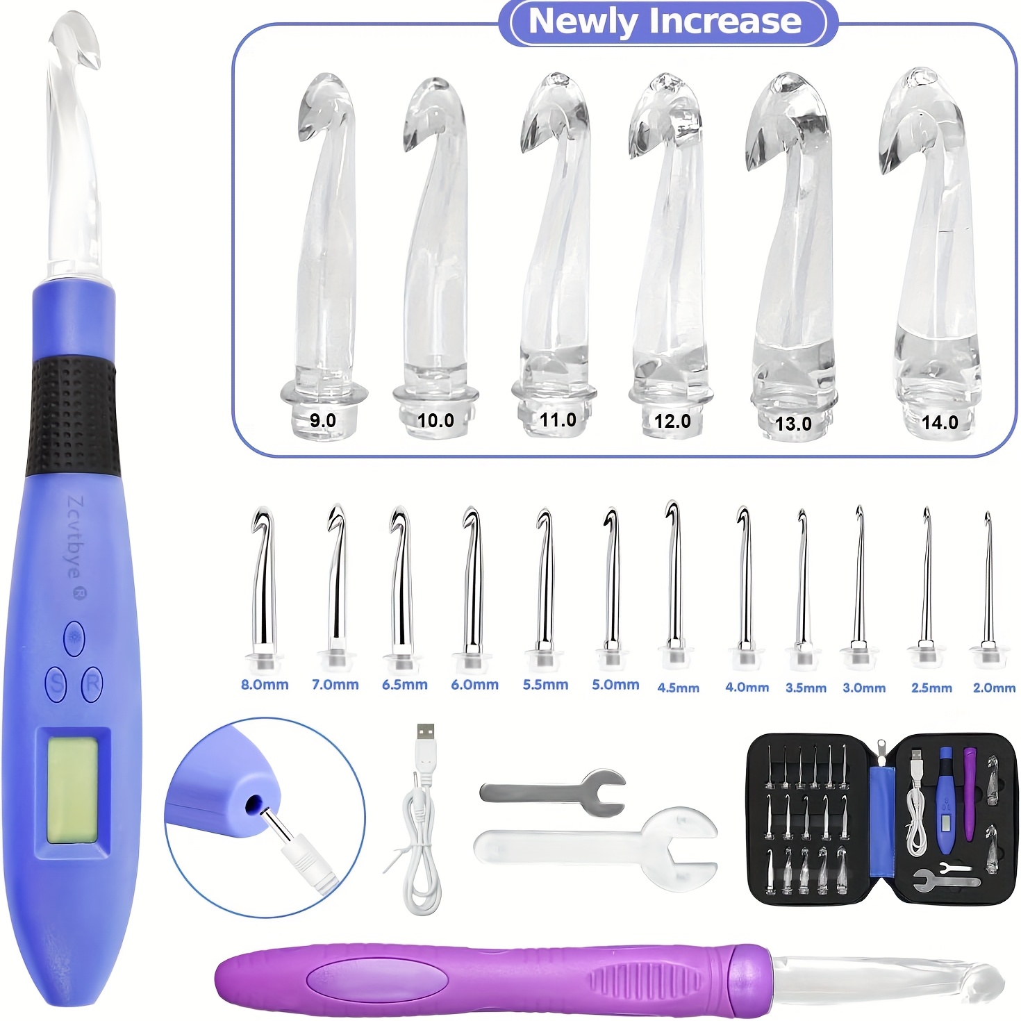 Image of Rechargeable Led Crochet Hooks - 18-in-1 Lighted Set For Halloween Crafting & Gift Making (works In Low Light!) With Interchangeable Heads 2.0-14mm, Handle, Wrench, Storage Bag