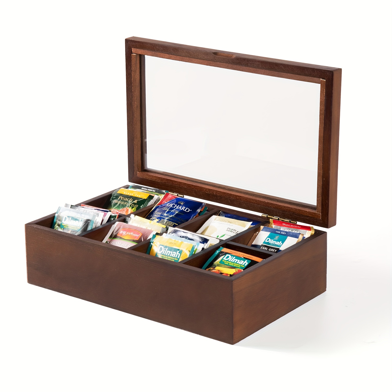 

Wooden Tea Box Holder Kitchen Storage Chest Box For Spice Pouches And Sugar Packets With 8 Compartments And Glass Window