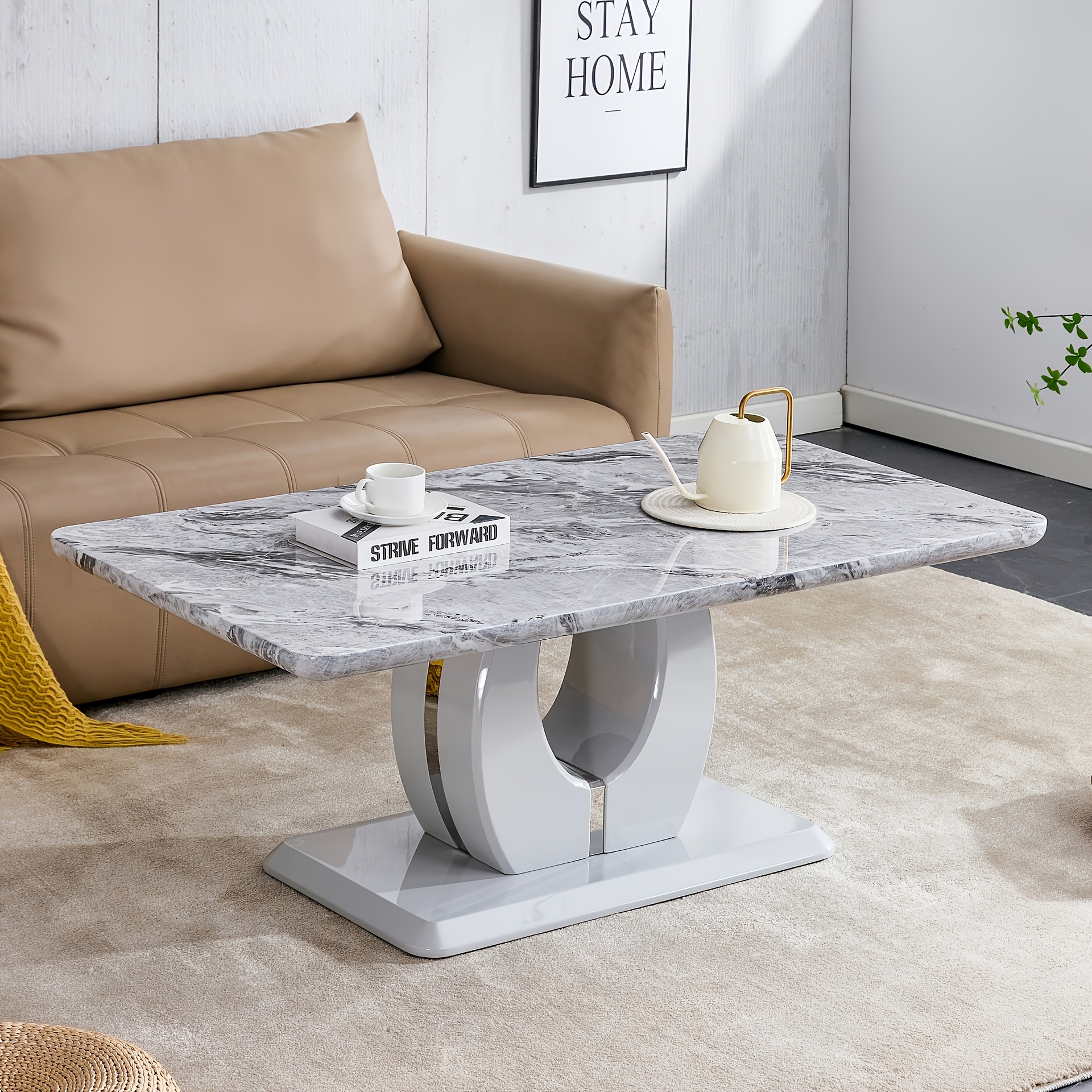 Contemporary Minimalist Rectangular Coffee Table Featuring a White Faux Marble Design, a Spacious And Adaptable Piece for The Living Room, Perfect As a Central Tea Table Or Accent Furniture, Ideal for Various Settings, And Easy to Assemble