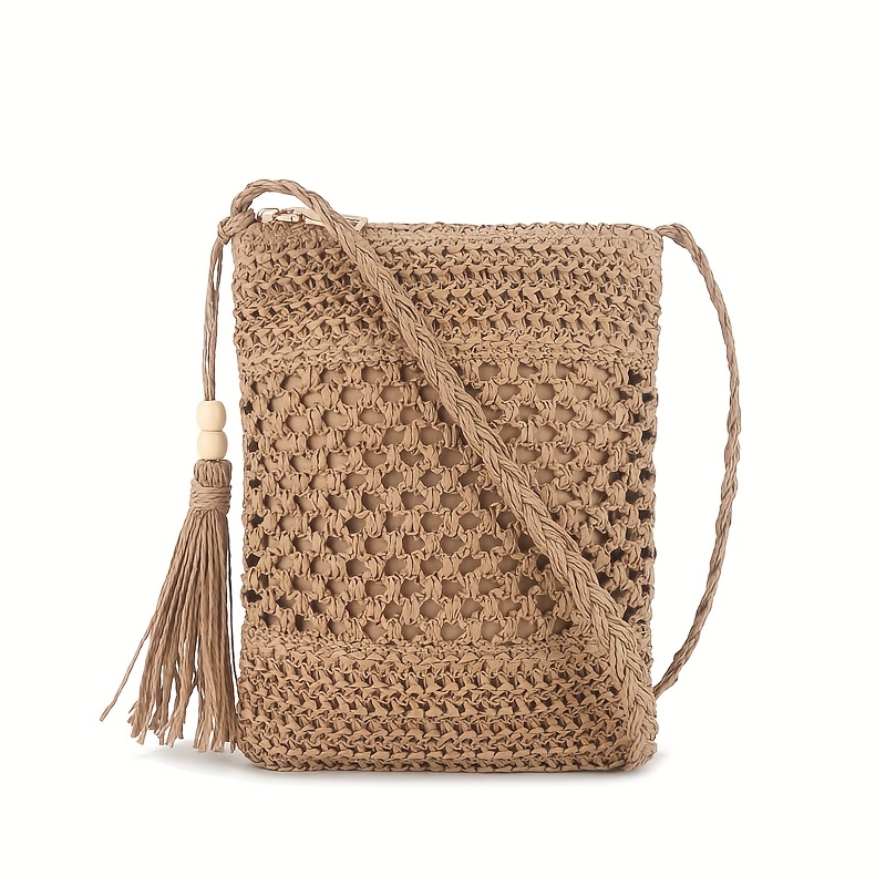 Beach Vacation Photoshoot Casual Versatile Straw Bag Women's Crossbody Bag Hollow-out Niche Design Bohemian Phone Bag Practical Large Capacity Storage With Inner Pocket
