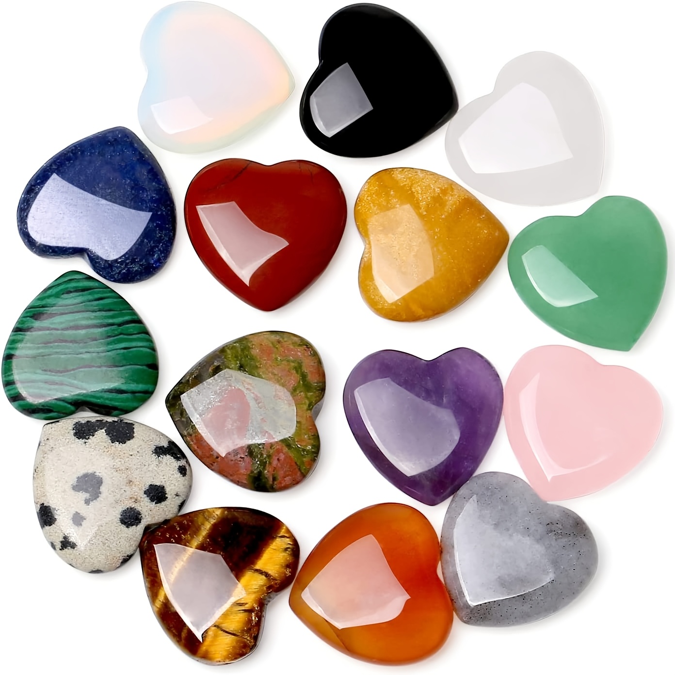 TEMU 15pcs Heart-shaped Crystal Set - Polished Natural Gemstones In Various Colors, Including Rose Quartz And Amethyst, 2.03cm Pocket Stones
