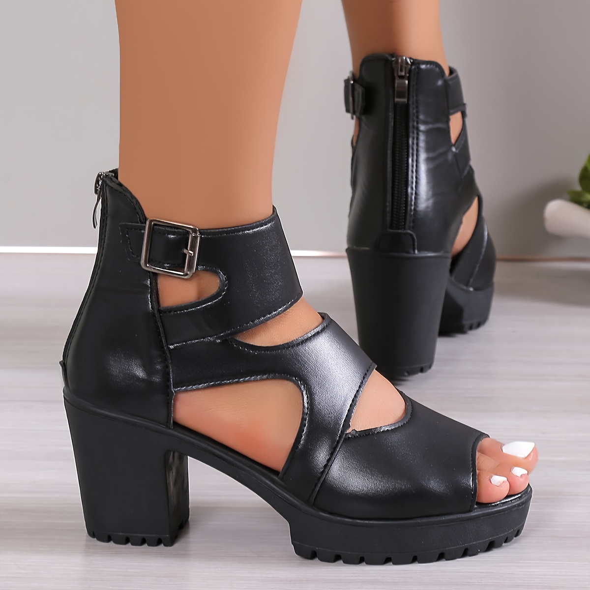 

Women's Chunky Heeled Sandals, Black Peep Toe Ankle Strap Back Zipper Heels, All-match Going Out Sandals