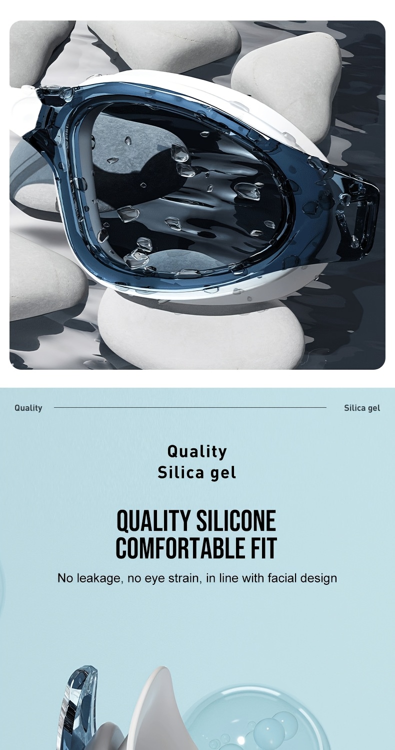 Adult high-definition swimming goggles, made of durable PC material, leak proof, with non fogging lenses and a frame design that provides a wide field of view. Available in black, white, and blue, unisex