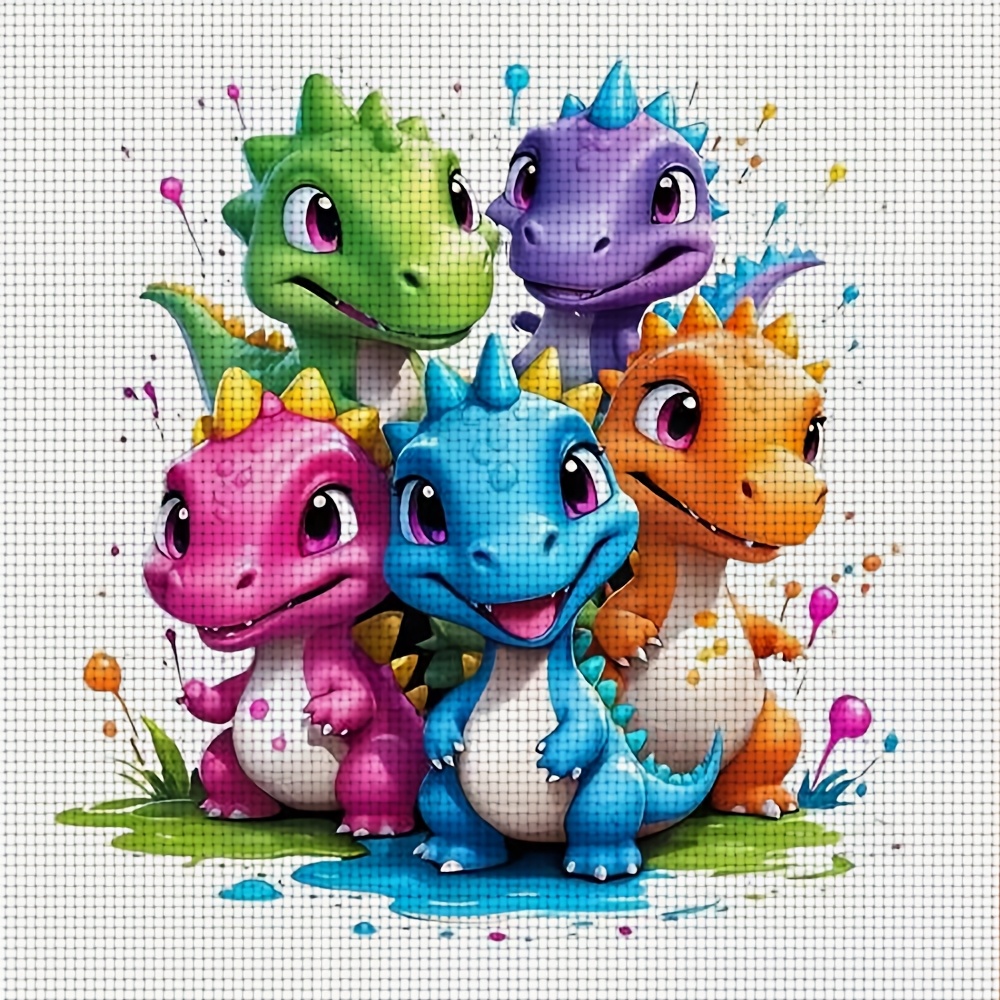 TEMU 1pc Diy Cross- Kit, Unframed, Featuring The "five Cute Colorful Cartoon Dinosaurs" Pattern. Beginners To Enjoy A Relaxing Crafting Experience