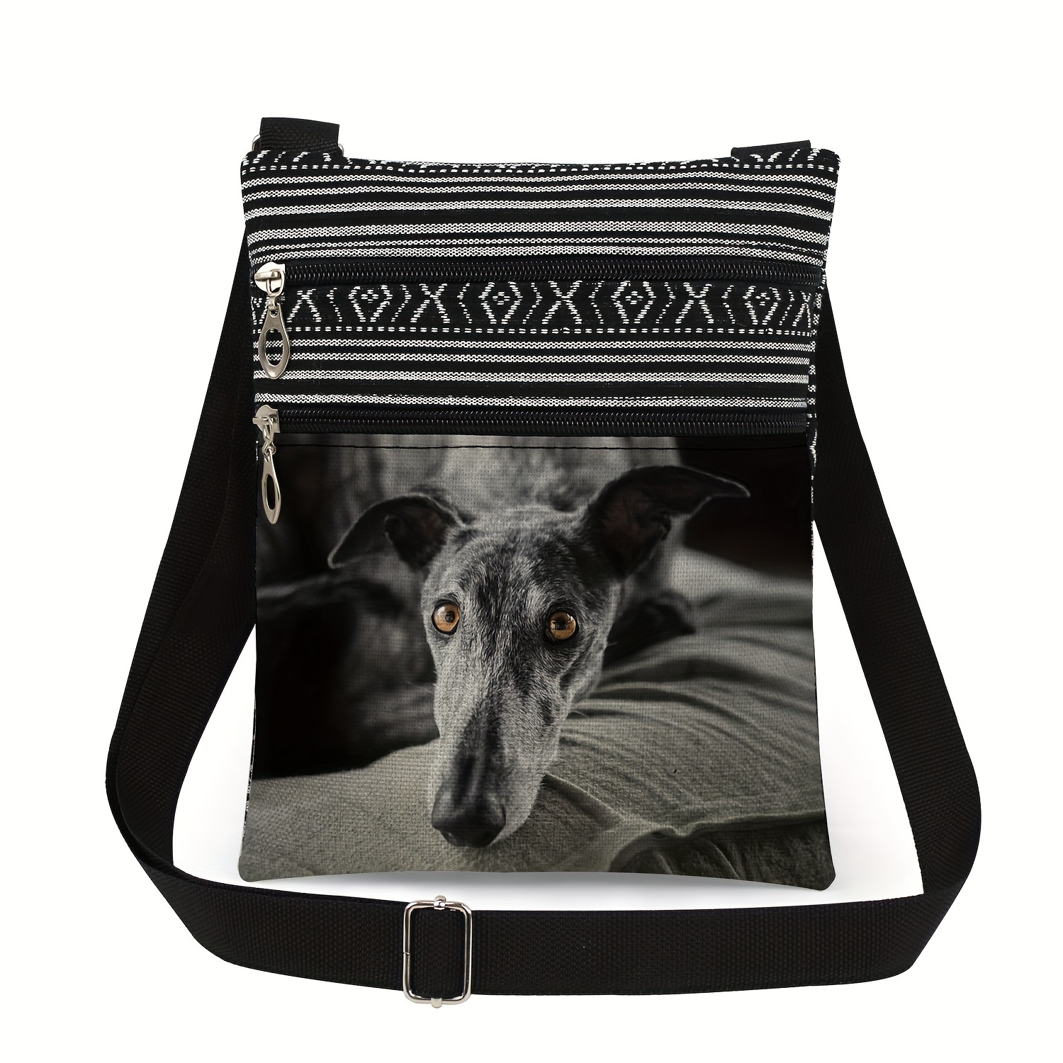 Image of Chic Greyhound Print Crossbody Bag For Women - Casual Polyester Shoulder Bag With Adjustable Strap, Dual Zip Compartments, Foldable Design - Ideal For Travel & Daily Use, Small Crossbody Bag