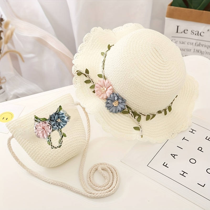 2pcs, Girls Flowers Decor Lace Trim Straw Hat And Straw Bag Set, For Spring Summer Outdoor Activities Beach Vacation