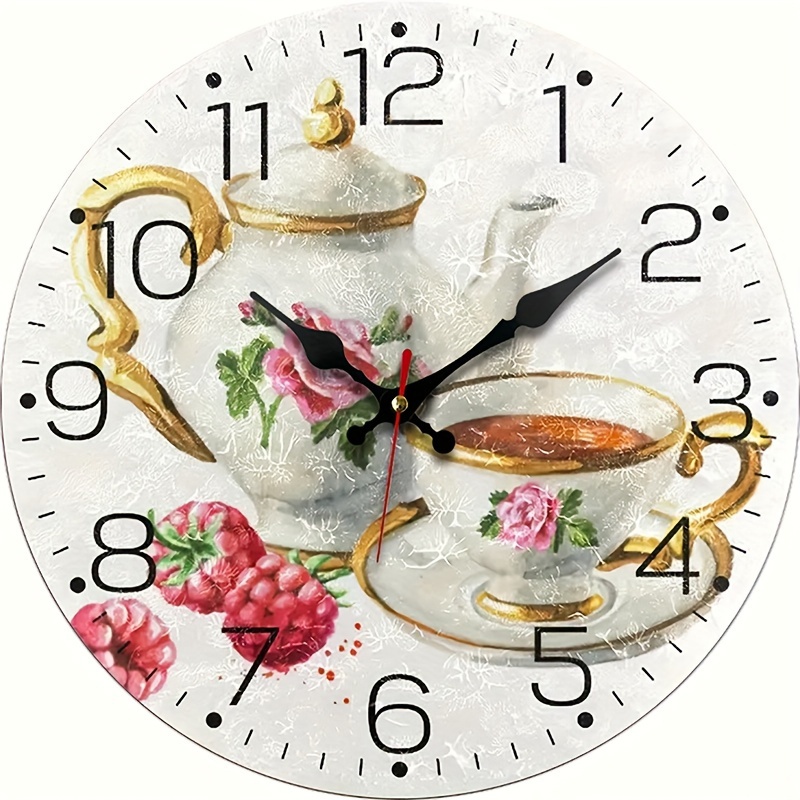 TEMU 1pc Round Clock, Easy Creative Fashion Wall Clock, Vintage Teacup Creative , Silent Quartz Round Wooden Clock, Suitable For Bedroom Living Room