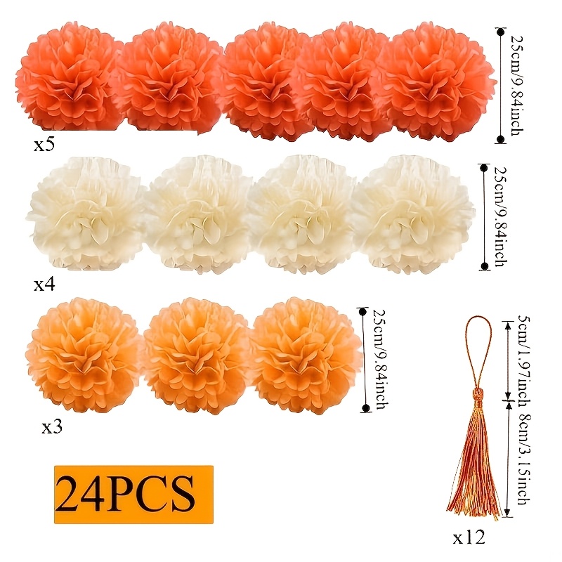 TEMU Ensemble de 24 boules de papier tinsel de 25 cm avec pompons orange, pour Thanksgiving d'automne, anniversaire, mariage et décorations de fête à