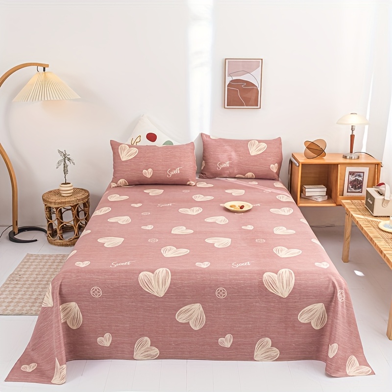 TEMU 1pc Soft Pink Bed Sheet - -like Heart Pattern, Brushed Polyester Fabric, & Breathable Single-sided Sheet - Machine Washable For Couples, Dorms,