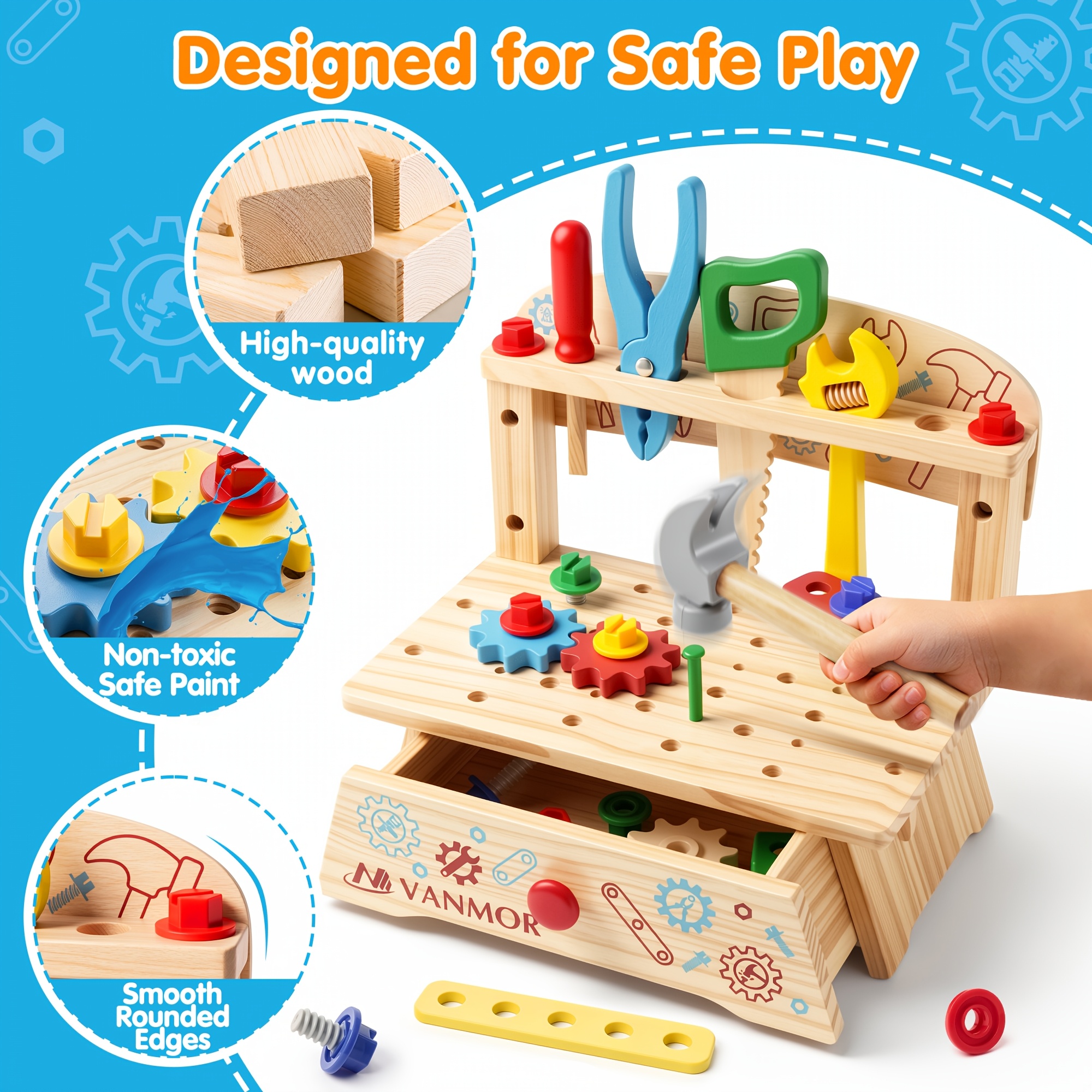 TEMU Wooden Kids , 57pcs Portable Tool Set Stem Toy | Wooden Building Kit With Realistic Tools, Storage Drawer Design, And Pretend Ages 3+