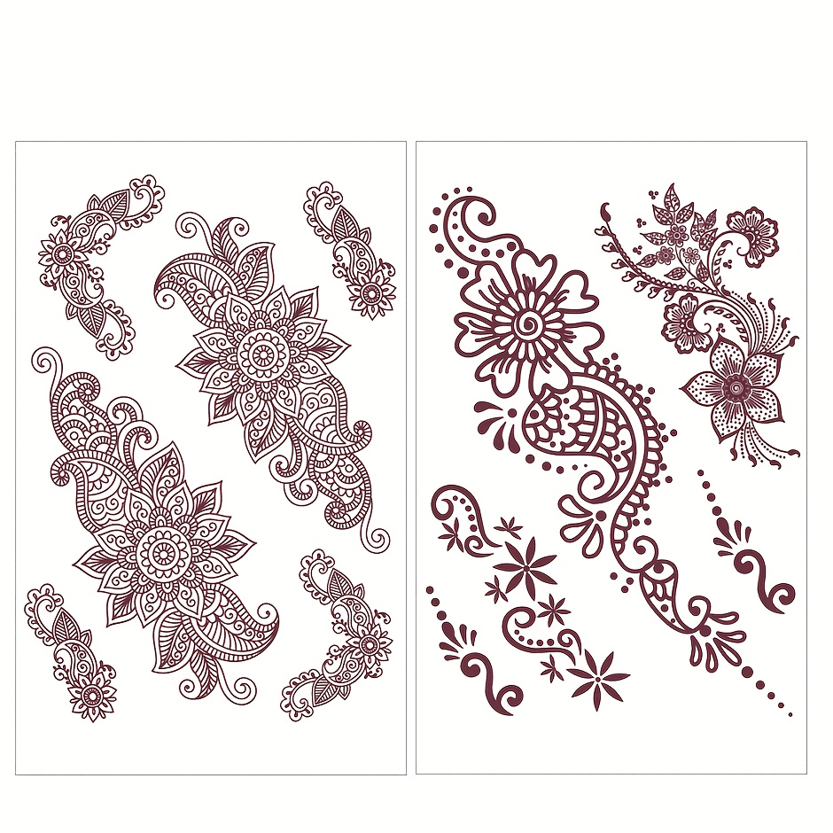 Image of 2pcs Brown Lace Floral Mandala Waterproof Pattern Women's Tattoo Sticker, Finger Arm Hand Back Body Art Decoration Temporary Fake Tattoo, Suitable For Festival Party Wedding Makeup -scene Design