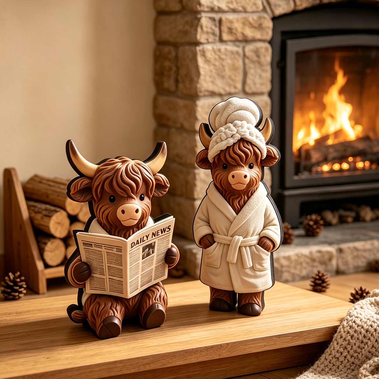 TEMU 2pcs Highland Cow Thick Wooden Decorative Items, Cow Statues, Bohemian-style Farm Animal Desktop Decorations, Suitable For Use On Bookshelves,