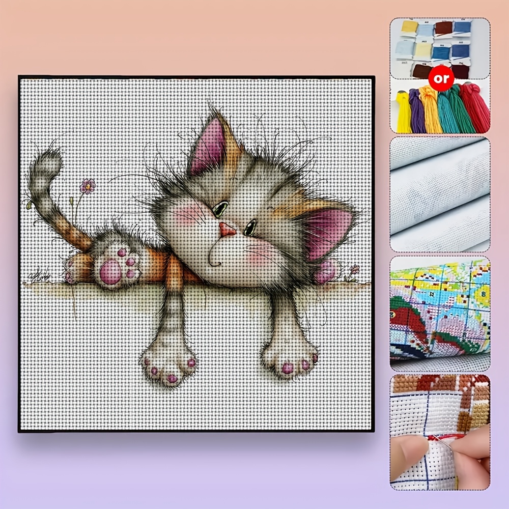 DIY Cross-Stitch Printed Kit, Cartoon Kitten Pattern for Beginners