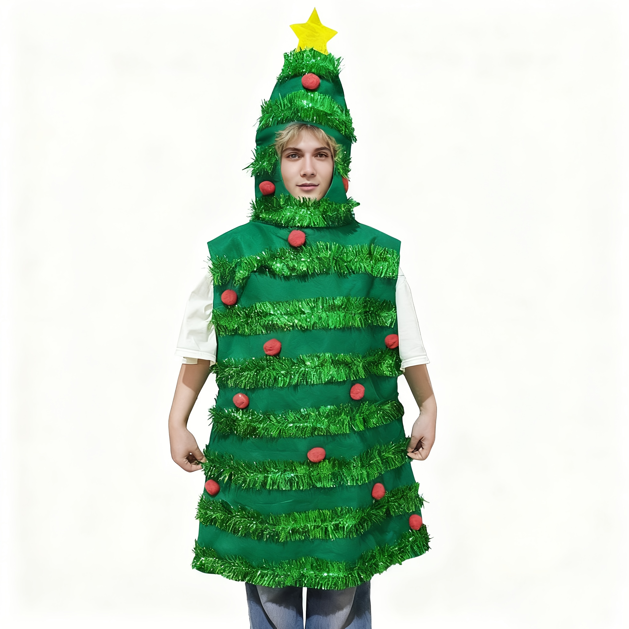 TEMU 1pc Adult Shiny Christmas Tree Costume - Holiday Parties And Decorations, No Power Needed, Festive Polyester , Ideal For Christmas Season,