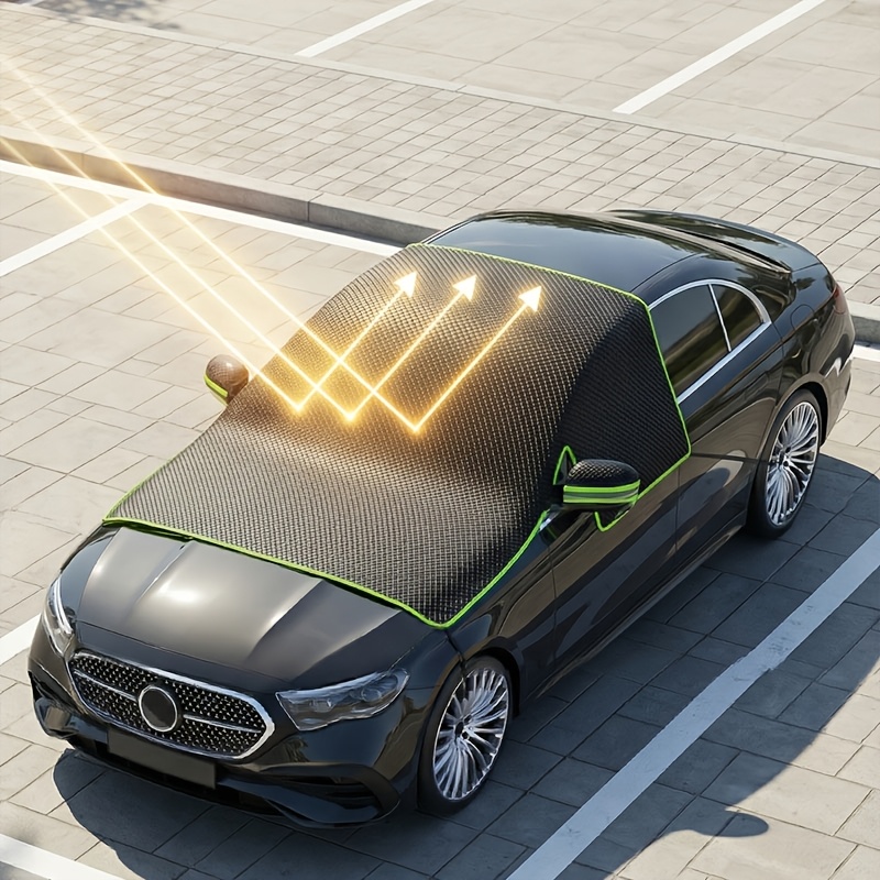 Upgraded 2026 Car Sunshade With Green Reflective Edging. Made Of Durable Oxford Fabric, Features Replaceable Windshield Panels Sun, Snow, Leaf, And Wind Protection. Use, Fits All Vehicles.