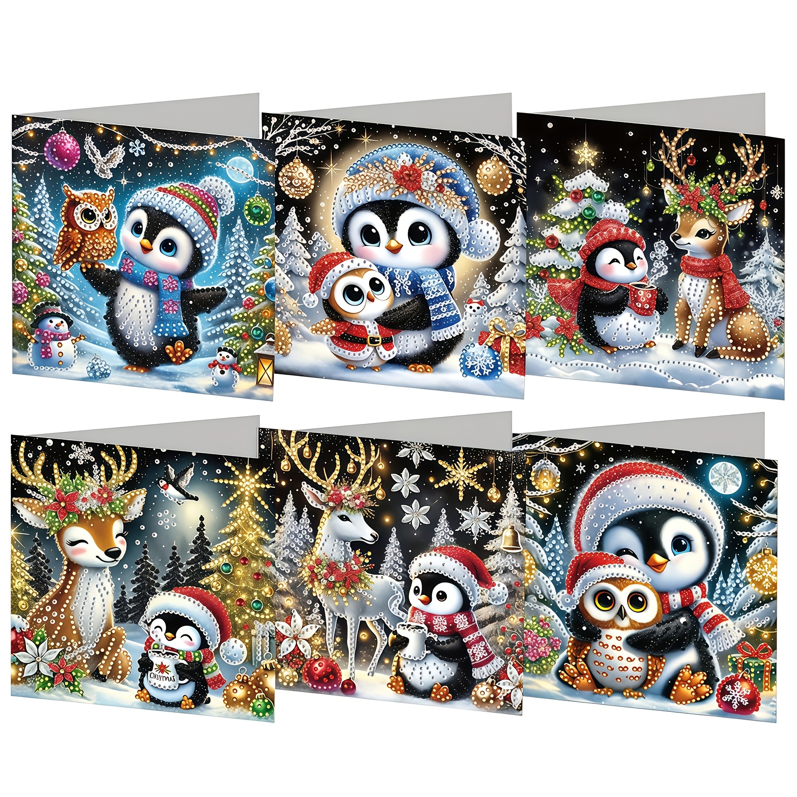 TEMU Gift Suitable For , Christmas Card Set - 6 Styles Of Penguin And Deer Designs, Handcrafted Cards, Ideal Christmas Present For