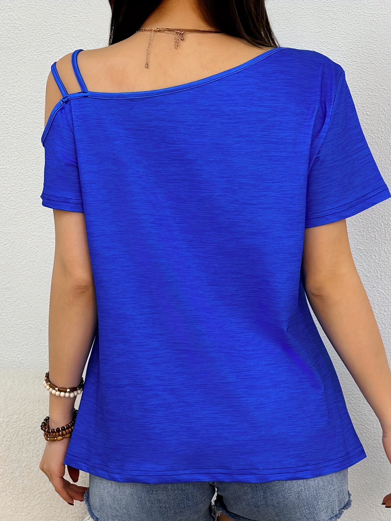 Heart Print Slant Shoulder T-shirt, Casual Short Sleeve Top For Spring & Summer, Women's Clothing