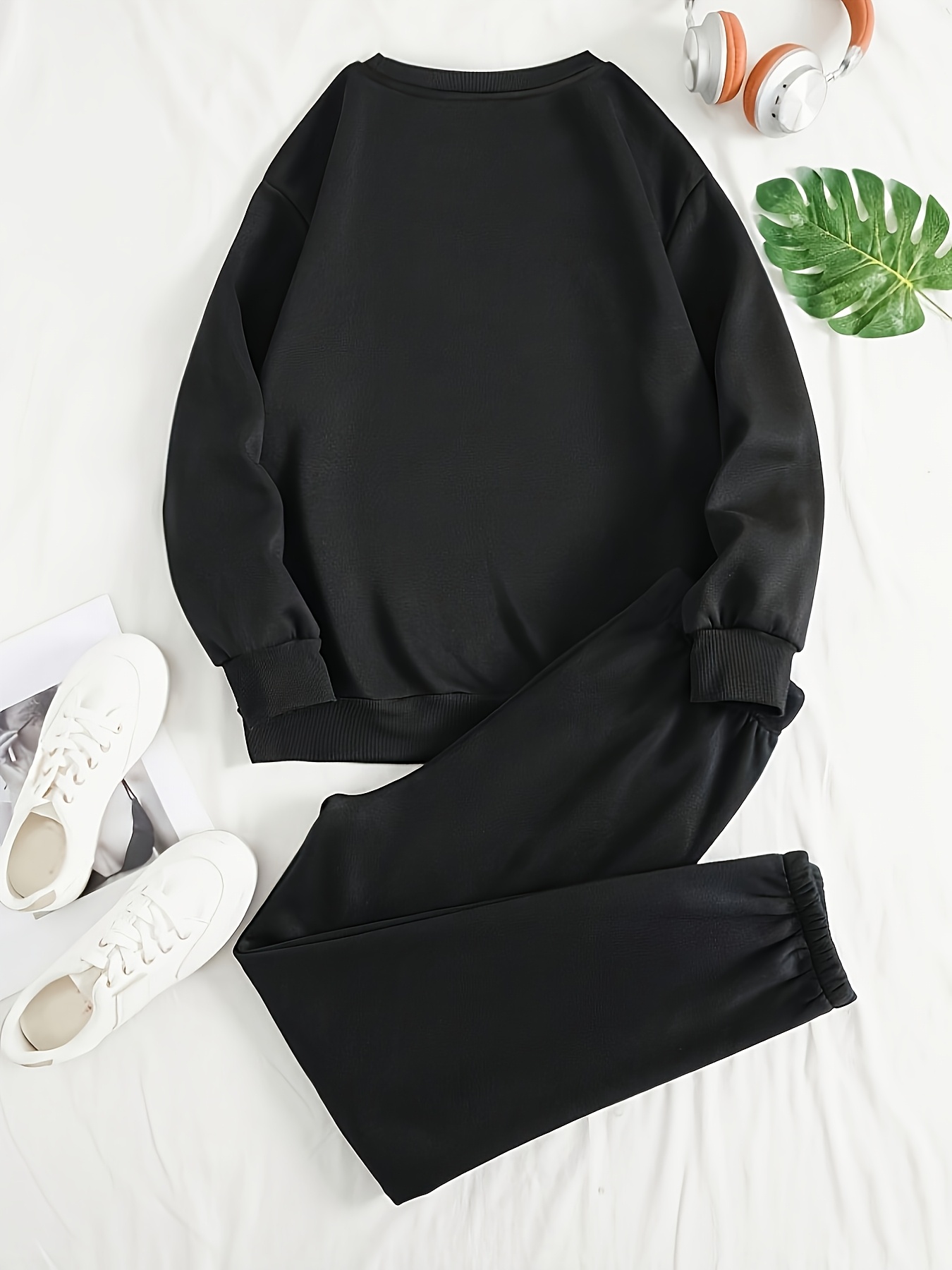 Elegant Women'S Two-Piece Set: Cozy Fleece-Lined Sweatshirt & Drawstring Joggers with Pockets, Letter Print Design - Ideal for Fall/Winter, Casual Wear, Casual Wear|Fleece Lined|Pocketed Joggers