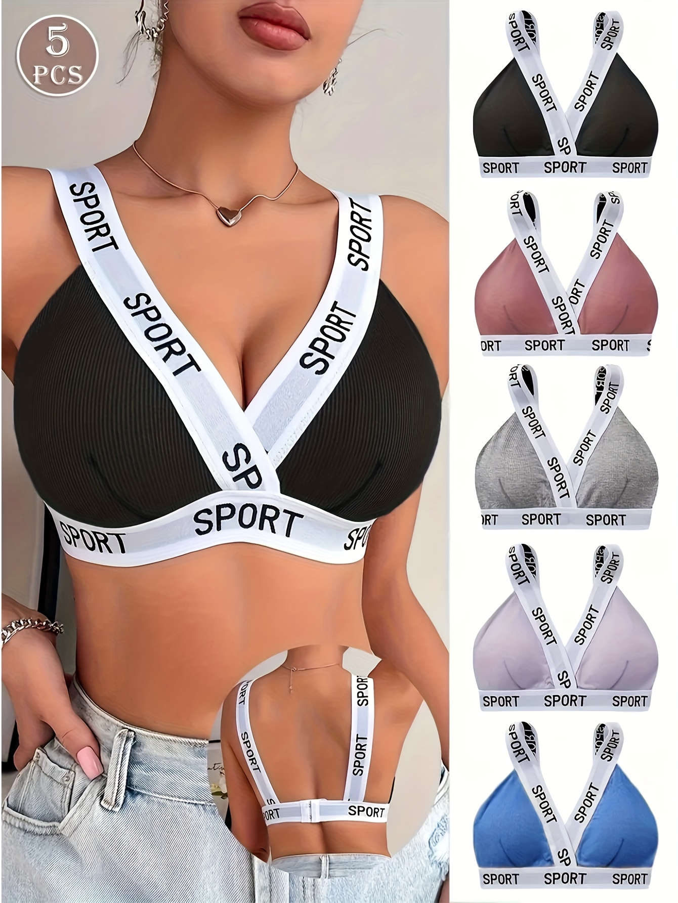 5pcs Women s Wire-Free   Cup Sports Bras - Breathable Athletic Wire-  with Full Coverage, White/Black/Navy/Pink/Gray - Gym, Everyday & Light Exercise Bras - Non-Padded   Fit for Small to Large Bust Sizes - Ideal for Yoga, Running, Casual Wear -   Brand - Hand Washable & No Padding - Sporty Letter Print & Contrast Detailing - Versatile for Women, Sports Bras for Women Padded, Under Wire Bras for Women Push Up Heavy Padding, Thin Push Up Bra,