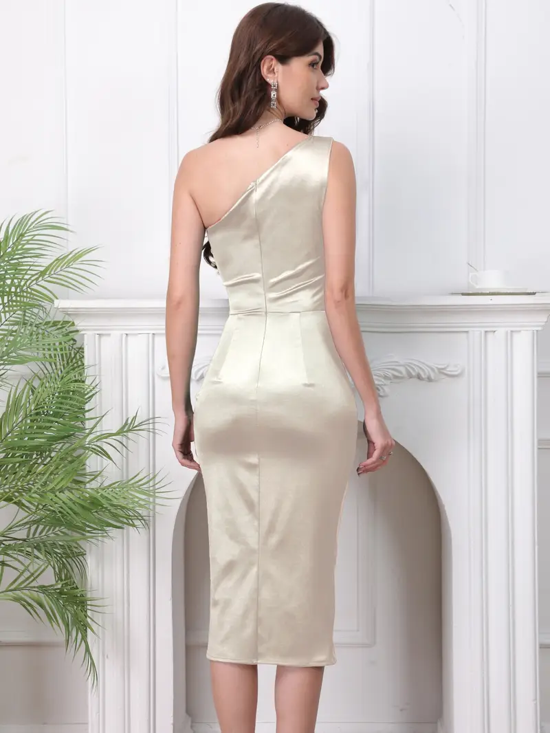 solid color satin one shoulder ruffle trim front slit high - Temu solid color satin one shoulder ruffle trim front slit high - Temu