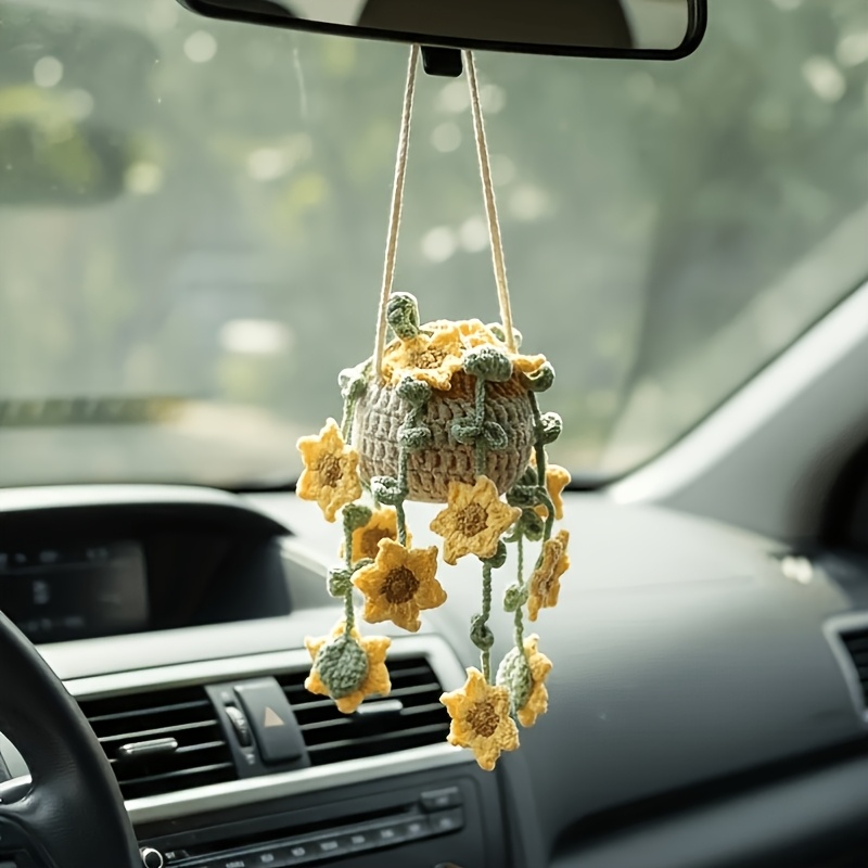 TEMU Handmade Crochet Sunflower Hanging Basket: Car Mirror Accessory
