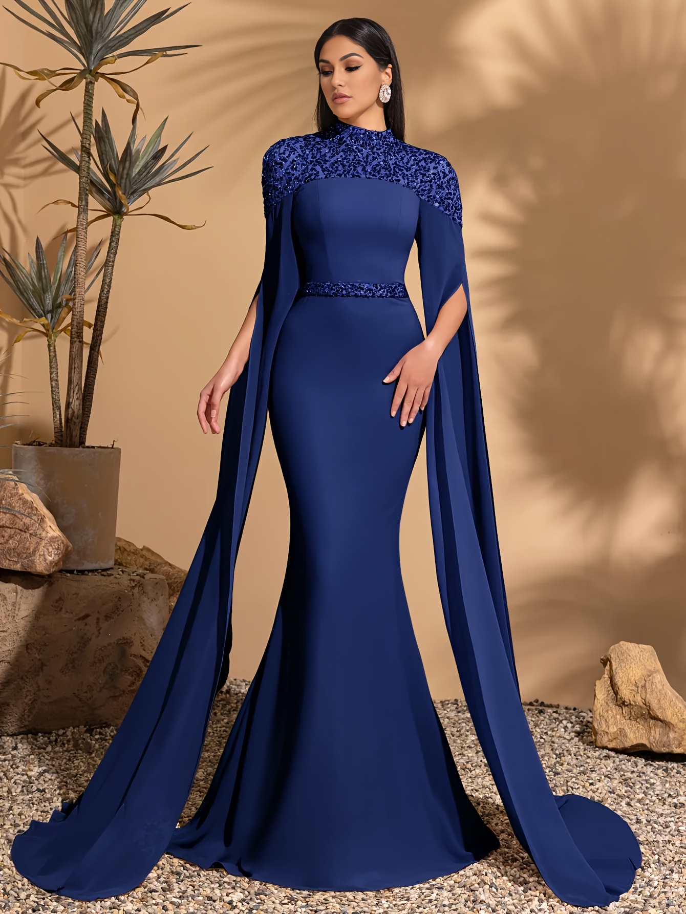 elegant navy blue sequin trimmed long sleeve mermaid gown - Temu Germany