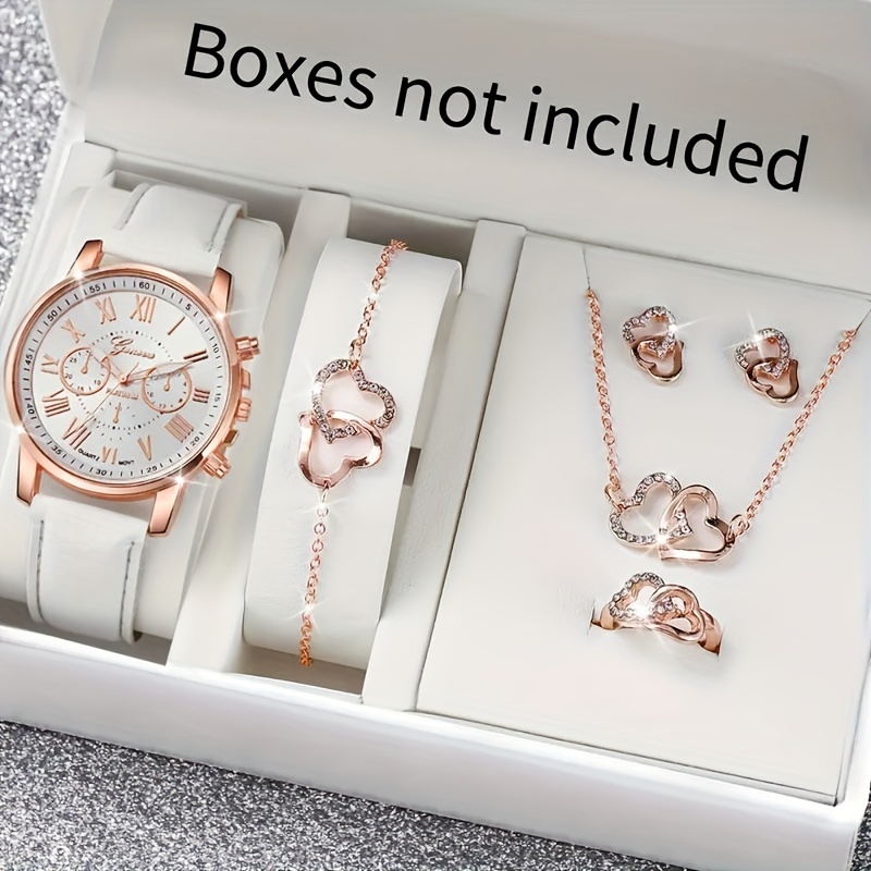 

6pcs/set Women's Watch Casual Rome Fashion Quartz Watch Analog Pu Leather Wrist Watch & Jewelry Set, Gift For Mom Her