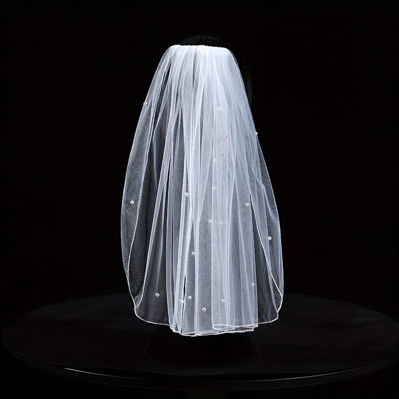TEMU Voile de mariée courte et facile à à une seule couche, de fausses perles, voile de mariage couvrant avec une brosse, convient pour le certificat