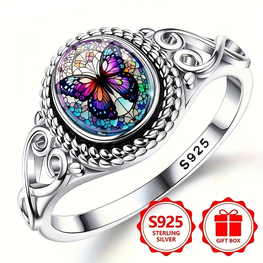 TEMU A Stylish Silvery Ring Featuring A Painted Design Of A Window, Perfect For Bohemian Engagement And Wedding Occasions. Its Oval Shape It An Gift,