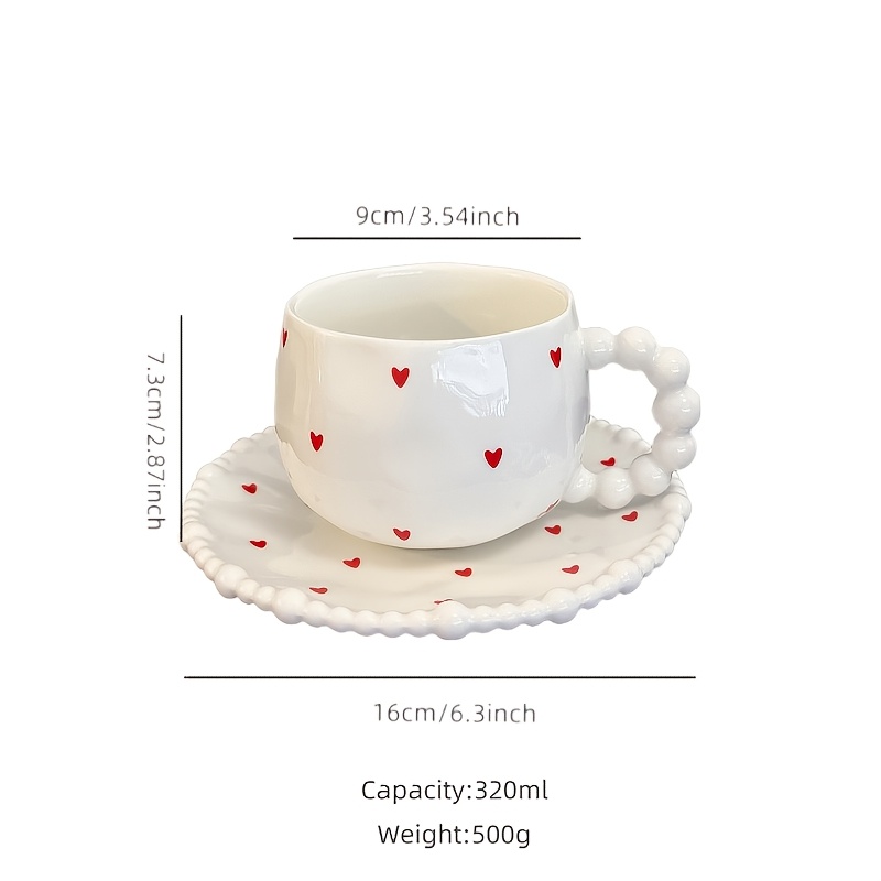 320ml Heart-shaped Ceramic Coffee Cup And Saucer Set, Handle, Hand-painted Pattern Coffee Cup And Saucer, Afternoon Tea Cup And Saucer, Mug
